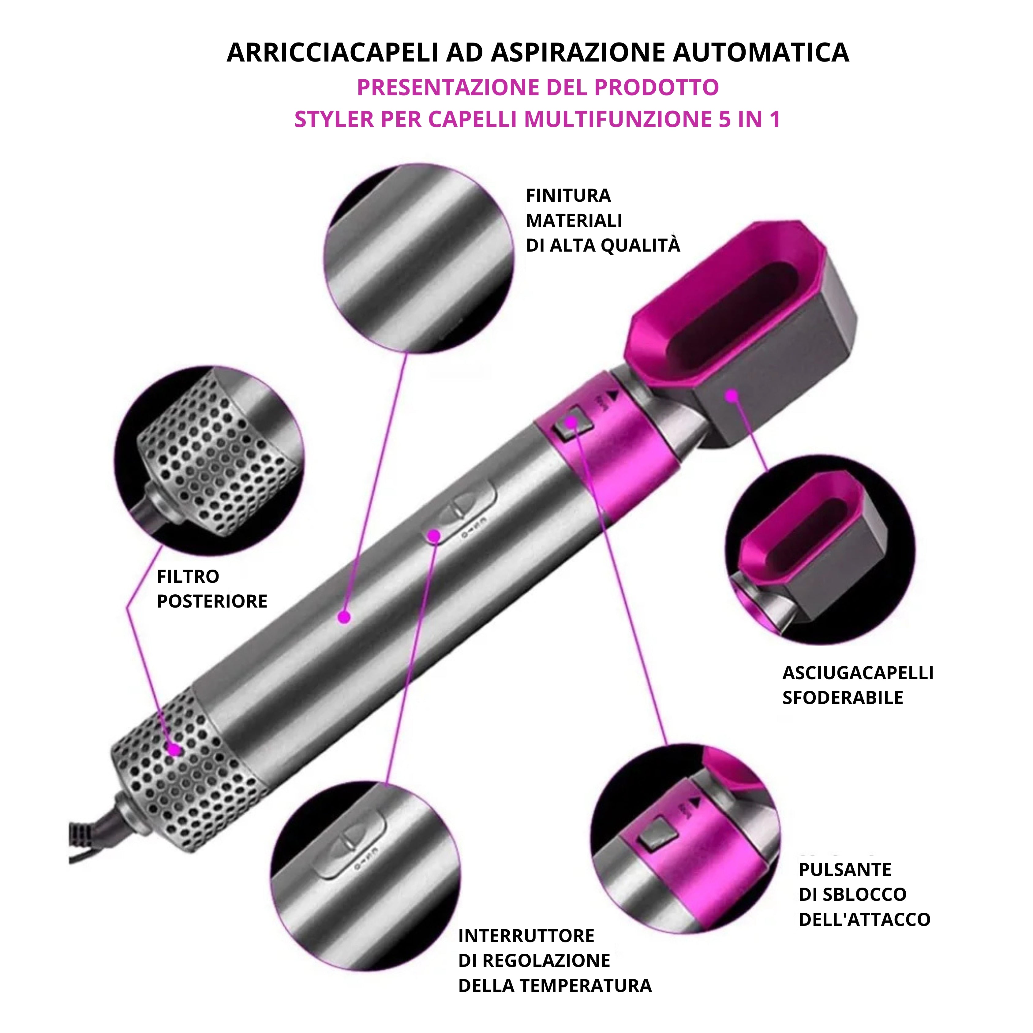 Asciugacapelli Multifunzionale 5 In 1 Pettine Arricciacapelli